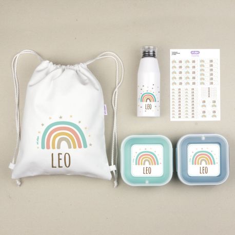 Pack Mi Equipo para el Cole con Petate Arcoíris Soft personalizado + Regalo Marcaprendas