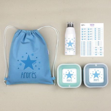 NUEVO Pack Mi Equipo para el Cole con Petate Estrella Azul personalizado + Regalo Etiquetas objetos