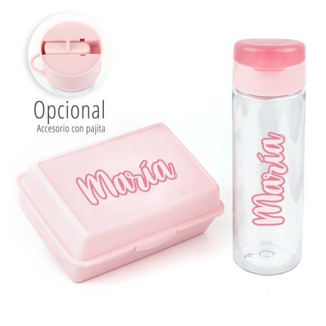 Pack Botella 600ml + Cajita Porta Alimentos Caligrafía Rosa personalizadas