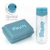 Pack Botella 600ml + Cajita Porta Alimentos Caligrafía Azul personalizadas