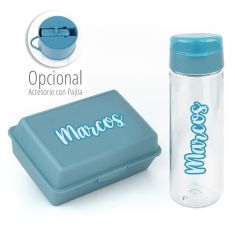 Pack Botella 600ml + Cajita Porta Alimentos Caligrafía Azul personalizadas