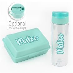 Pack Botella 600ml + Cajita Porta Alimentos Caligrafía Menta personalizadas