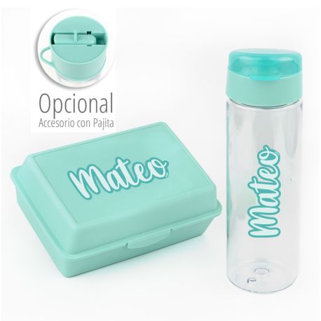 Pack Botella 600ml + Cajita Porta Alimentos Caligrafía Menta personalizadas