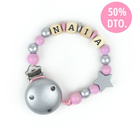 Cadenita de madera personalizada estrella plata rosa (LIQUIDACIÓN 50%)