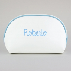 Toiletry Leather Bag White-Edging Blue Personalized